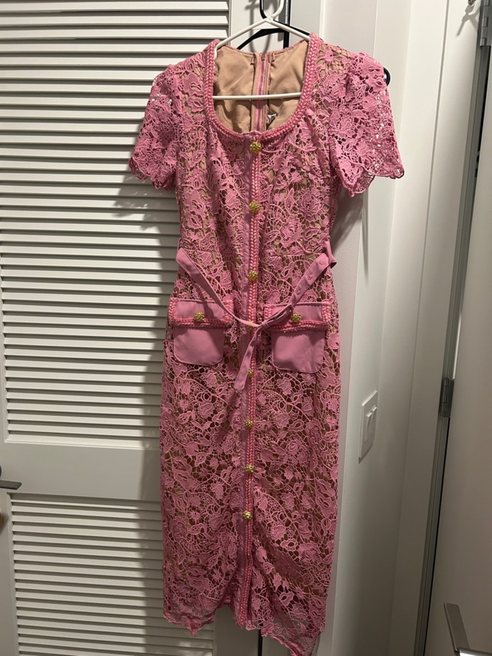 Pink Lace Midi Dress with Button Front and Belt